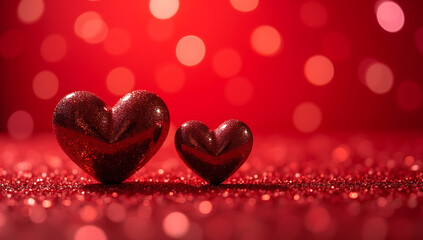 Two red glitter hearts on a red glitter surface with a red bokeh background create a romantic scene