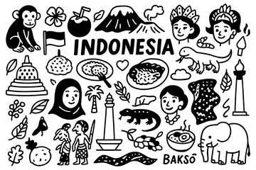 travel doodle composition with indonesia culture icons and traditional holiday elements, Transparent Background