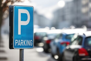 Blue metal 'P' parking sign in city with blurred cars