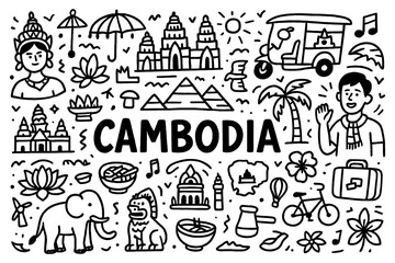 travel doodle composition with cambodia culture icons and traditional holiday elements, Transparent Background