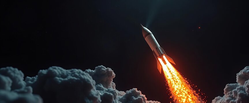 AI-powered rocket launching into space, fiery trail,   discovery,  innovation - Powered by Adobe