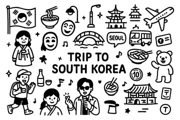 travel doodle composition with south korea culture icons and traditional holiday elements, Transparent Background