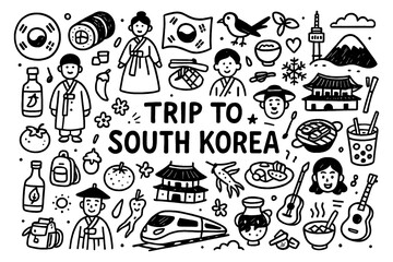 travel doodle composition with south korea culture icons and traditional holiday elements, Transparent Background