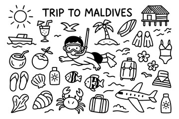 travel doodle composition with maldives holiday icons and tropical elements, Transparent Background