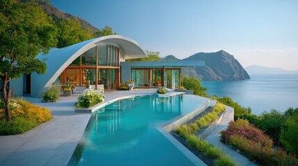 Fototapeta premium A futuristic dome-shaped villa with panoramic glass walls, solar-powered lighting, and a rooftop garden with ocean views