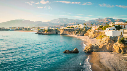 Fototapeta premium The Scenic View of Málaga Beach in Spain: Clear Sea Water Transitioning Naturally with Sandy Shores, Traditional White-Walled Buildings Scattered on Cliffs, Sharp Mountain Outlines in the Background, 