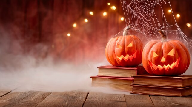 Halloween pumpkins glowing with smoke - Powered by Adobe