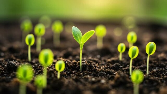 Young green seedlings emerging from dark soil under soft light