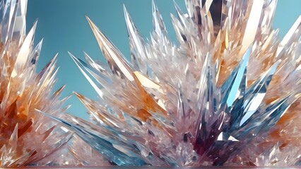 Close up of a bunch of crystals on a table, highlighting the natural mineral textures, reflective sparkling surfaces and unique geological formations in detailed composition