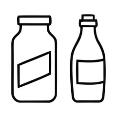 Two outline bottles with label areas on a white background, bottles, outline, icon, liquid, container, beverage, vector illustration.