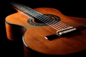 Detailed Close-up of Acoustic Guitar on Black Background