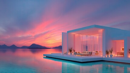 A minimalist cliffside retreat with cantilevered architecture, glass railings, and a sunset view from the open lounge area