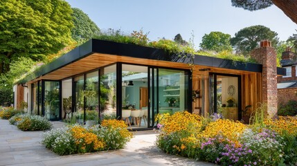 A modern eco-friendly villa with green roofs, reclaimed wood accents, and a solar-powered outdoor shower surrounded by wildflowers