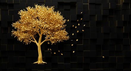 3D golden tree on black cube backdrop — upscale modern decorative wall mural