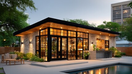 A monochrome summer home with black-framed windows, concrete floors, and a sleek outdoor kitchen beside a reflective pool