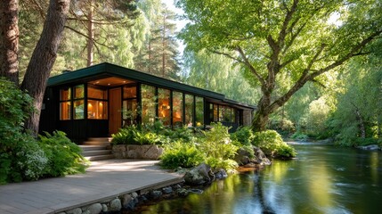 A Scandinavian summer cabin with black timber cladding, large windows, and a cozy outdoor sauna by a forest lake
