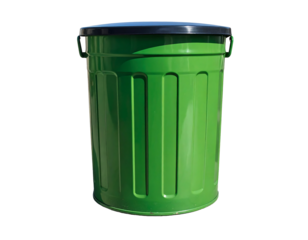 Green metal trash can with dark blue lid isolated on transparent background