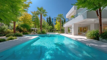 A sleek modern summer villa with white walls and floor-to-ceiling windows, overlooking a turquoise infinity pool, surrounded by palm trees, bright daylight