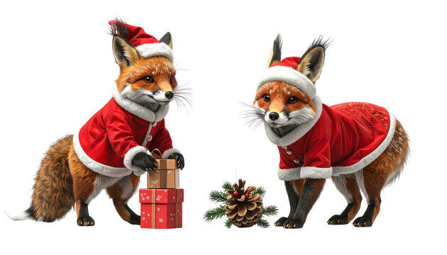  Cute Christmas xerus pair in Santa suit isolated on transparent background