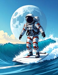 Astronaut surfing a wave near the moon