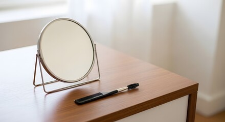 A round vanity mirror sits on a wooden dresser next to a makeup brush.