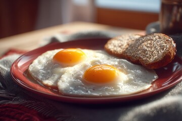 Sunny-Side Up Eggs and Sesame Seed Bread on Red Plate, Warm Morning Light.
