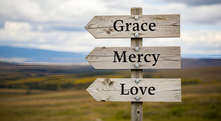 Wooden Signpost with Grace Mercy Love Arrows image