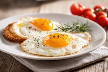 Sunny-Side Up Eggs with Toasted Bread and Rosemary Garnish on Rustic Wooden Table.