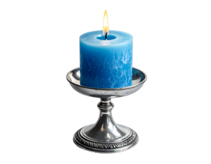 Blue pillar candle in ornate silver candlestick isolated on transparent background