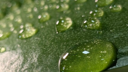 Natural texture of green leaf with dew drops