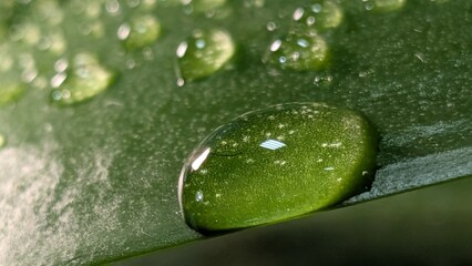 Natural texture of green leaf with dew drops