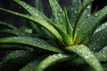Close-up of Aloe Vera Plant with Rain Droplets