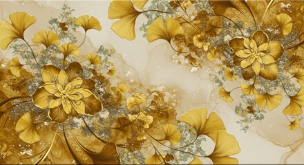 Golden ginkgo floral pattern on warm beige — elegant seamless wallpaper background