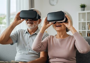 Senior Couple Enjoying Virtual Reality at Home