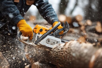 Construction Worker Cutting Tree with Chainsaw Close-up