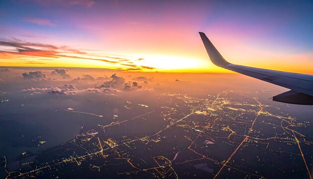 Aerial view of city lights at sunset from airplane window