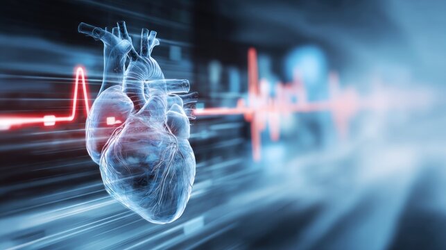 A transparent human heart with a red heartbeat line in the background.