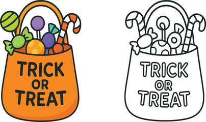 Trick or Treat Bag Full of Candy Coloring Page for Halloween Celebrations