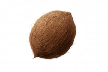 Whole hairy coconut fruit showing brown fibrous shell, a fresh tropical ingredient for food and drinks, transparent background