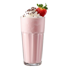 Strawberry Milkshake with Whipped Cream and Fresh Berries in Tall Glass PNG Isolated