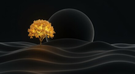 Golden trees on black with waves and spheres — modern luxury landscape mural