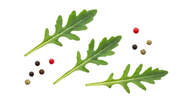 Isolated Arugula sprigs with peppercorns, healthy garnish for elegant dishes. Fresh rocket