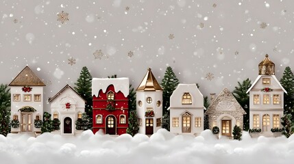 Fototapeta premium Christmas background with houses, trees, and snowflakes. Christmas miniature village with houses and trees in the snow. 