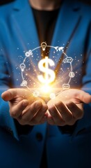 Hands holding glowing dollar sign symbolizing financial growth and investment opportunities