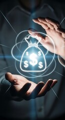 Hands holding glowing money bag hologram symbolizing financial growth and wealth creation opportunities
