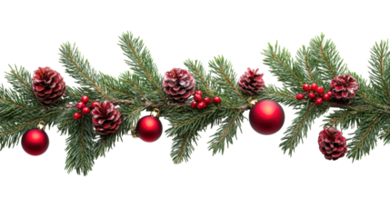 Christmas garland with pinecones and red ornaments isolated on a transparent background