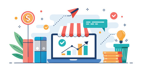 E-commerce and Online Business Growth – Digital Store, Marketing and Investment Illustration
