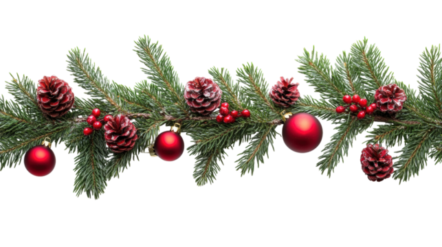 Christmas garland with pinecones and red ornaments isolated on a transparent background