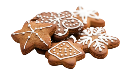 Christmas gingerbread cookies with white icing isolated on a transparent background 