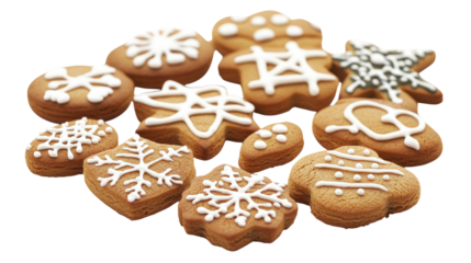 Christmas gingerbread cookies with white icing isolated on a transparent background